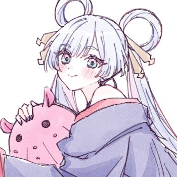 1girl bare_shoulders blue_eyes cho_kaguya-hime! closed_mouth commentary_request hair_ornament hair_rings hair_stick highres japanese_clothes kimono long_hair long_sleeves looking_at_viewer octopus runami_yachiyo simple_background smile solo twintails upper_body white_background yoshiko_(mihomi_0135)