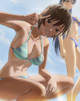 2girls azumanga_daiou bikini black_eyes black_hair blue_bikini breasts brown_eyes brown_hair collarbone commentary day halterneck highres kagura_(azumanga_daioh) kozuehikaru long_hair looking_at_viewer multiple_girls navel one-piece_tan outdoors purple_bikini sakaki_(azumanga_daioh) short_hair smile squatting standing striped_bikini striped_clothes swimsuit tan tanline v