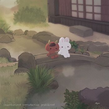 Rule 34 | animal focus, ayu (mog), blush stickers, bridge, closed mouth, commentary, demon, english commentary, evening, grass, horns, no humans, original, outdoors, rabbit, rock, signature, sitting, smile, solid circle eyes, watermark