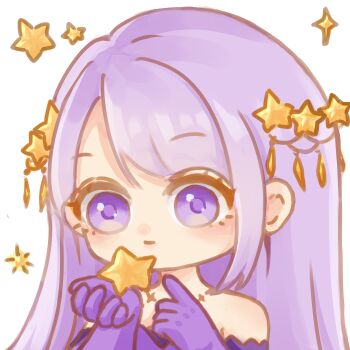 1girl absurdres bare_shoulders chibi chinese_commentary closed_mouth commentary_request dress elbow_gloves expressionless eyelashes gloves hair_ornament highres holding holding_star infinity_nikki jewelry light_blush long_hair mavir necklace nikki_(series) purple_dress purple_eyes purple_gloves purple_hair simple_background solo sparkle star_(symbol) star_hair_ornament star_necklace star_sea_(nikki) straight_hair strapless strapless_dress tareme upper_body white_background