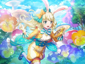 1girl alice's_adventures_in_wonderland animal_ears aqua_eyes aqua_shoes blonde_hair bow bowtie clock cosplay dress fake_animal_ears furrowed_brow game_cg holding_clock long_hair long_sleeves mary_janes mushroom official_art open_mouth orange_bow rabbit_ears running shoes shoujo_kageki_revue_starlight shoujo_kageki_revue_starlight_-re_live- socks solo striped_bow striped_bowtie striped_clothes tree upper_body white_rabbit_(alice_in_wonderland) white_rabbit_(alice_in_wonderland)_(cosplay) white_socks yellow_dress yumeoji_shiori