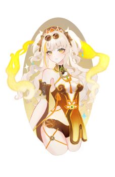 1girl absurdres bare_shoulders black_shorts blonde_hair breasts china_dress chinese_clothes chinese_commentary commentary_request cropped_torso detached_sleeves dress eyewear_on_head highres honkai_(series) honkai_impact_3rd large_breasts lin_yu_jin long_hair looking_at_viewer round_eyewear shorts smile solo songque songque_(jovial_deception:_shadowdimmer) sunglasses twintails very_long_hair white_background yellow_dress yellow_eyes