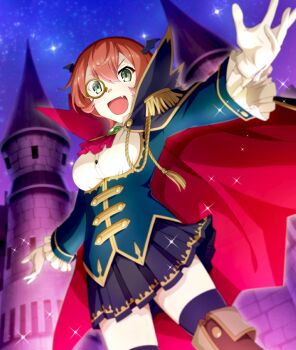 1girl :d ascot bat_wings black_cape black_skirt black_thighhighs blue_sky bob_cut boots brooch brown_boots cape castle cowboy_shot double-parted_bangs epaulettes fake_head_wings fang game_cg gem gloves green_eyes green_gem green_jacket halloween halloween_costume head_wings high_collar jacket jewelry looking_at_viewer monocle night official_art open_mouth outstretched_arms red_ascot red_cape red_hair short_hair skirt sky smile solo sparkle spread_arms star_(sky) starry_sky thigh_boots thighhighs third-party_source toji_no_miko toji_no_miko:_kizamishi_issen_no_tomoshibi two-sided_cape two-sided_fabric underbust watanabe_emily white_gloves wings zettai_ryouiki