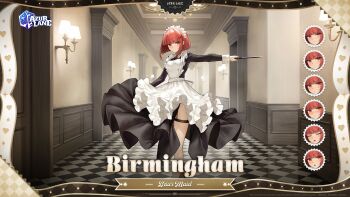 1girl apron azur_lane birmingham_(azur_lane) birmingham_(briar_maid)_(azur_lane) black_shoes breasts checkered_floor commentary copyright_name copyright_notice dress frilled_apron frilled_dress frills full_body hair_ornament hallway highres holding holding_knife indoors knife long_sleeves looking_at_viewer maid maid_apron maid_headdress multiple_expressions no_panties official_art promotional_art red_eyes red_hair second-party_source shoes short_hair small_breasts smile socks solo white_socks x_hair_ornament