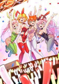 4girls :d ;d absurdres airani_iofifteen alternate_costume animal_ear_hairband animal_ears arm_up armpits ayunda_risu bare_arms bare_shoulders black_bow black_bowtie black_hairband black_leotard black_shoes blonde_hair blue_eyes bow bowtie breasts cleavage commentary commission cone_hair_bun confetti covered_navel detached_collar english_commentary fake_animal_ears fishnets glowstick green_bow green_bowtie green_eyes green_leotard green_thighhighs grey_hair grey_pantyhose hair_between_eyes hair_bun hair_ornament hairband hairclip hand_on_another&#039;s_shoulder high_heels highleg highleg_leotard highres holding holding_microphone hololive hololive_indonesia jumping kaela_kovalskia kghazir large_breasts leotard long_hair looking_at_another looking_at_viewer medium_breasts microphone multiple_girls nail_polish one_eye_closed open_mouth orange_hair pantyhose penlight_(glowstick) pink_bow pink_bowtie pink_hair pink_leotard playboy_bunny purple_eyes rabbit_tail red_bow red_bowtie red_eyes red_hairband red_leotard red_thighhighs shiny_skin shoes short_hair side_ponytail single_side_bun skindentation smile squirrel_ears squirrel_girl squirrel_tail stage standing standing_on_one_leg strapless strapless_leotard tail teeth thighhighs upper_teeth_only v very_long_hair vestia_zeta vgen_commission virtual_youtuber white_pantyhose wrist_cuffs yellow_hairband