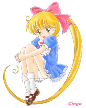 1girl android black_shoes blonde_hair blue_dress blush bow brown_eyes dress g-hiiragi hair_bow hugging_own_legs loli long_hair looking_at_viewer mary_janes neck_ribbon open_mouth original panties paruru_(g-hiiragi) ponytail puffy_sleeves red_bow red_ribbon ribbon robot shoes short_sleeves sitting smile socks underwear white_background white_panties white_socks