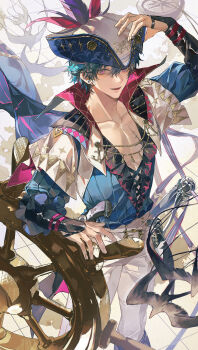 1boy absurdres blue_hair blue_shirt brant_(wuthering_waves) collarbone hair_between_eyes hand_on_own_hat hat highres looking_at_viewer male_focus mask mask_on_belt missing_commentary open_clothes open_mouth open_shirt pants saber_(weapon) shirt short_hair smile solo sqloveraven sword tacet_mark_(wuthering_waves) toned toned_male tricorne unworn_mask watermark weapon weibo_watermark white_pants wuthering_waves