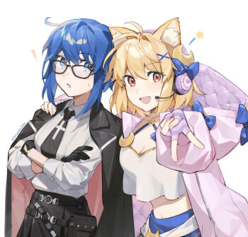 2girls ahoge animal_ear_fluff animal_ears arcueid_brunestud belt black_gloves black_jacket black_skirt blonde_hair blue_eyes blue_hair blue_skirt blush bow breasts c.i.e.l_(fate) camisole cat_ears choker ciel-sensei_(fate) ciel_(tsukihime) citrusarjun cleavage collared_shirt commentary_request crescent crescent_hair_ornament crop_top crop_top_overhang fate/grand_order fate_(series) fingerless_gloves glasses gloves hair_ornament headphones hood hooded_jacket jacket jacket_on_shoulders large_breasts long_sleeves looking_at_viewer multiple_girls navel necktie open_mouth phantas-moon phantas-moon_(second_ascension) pink_jacket purple_gloves red_eyes revision shirt short_hair skirt sleeves_rolled_up smile star_(symbol) striped_clothes striped_gloves tsukihime tsukihime_(remake) white_camisole white_shirt