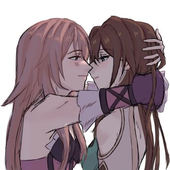 2girls arms_around_neck bare_shoulders blue_eyes brown_hair closed_mouth commentary detached_sleeves english_commentary eye_contact hand_in_another&#039;s_hair herta_(honkai:_star_rail) highres honkai:_star_rail honkai_(series) long_hair looking_at_another multiple_girls purple_eyes ruan_mei_(honkai:_star_rail) simple_background smile the_herta_(honkai:_star_rail) upper_body white_background yuri zuuchako