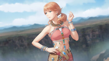 1girl bare_shoulders bead_necklace beads blurry blurry_background bracelet breasts canyon crop_top earrings final_fantasy final_fantasy_xiii green_eyes hand_on_own_hip highres hoop_earrings jewelry looking_to_the_side medium_breasts midriff miura-n315 mountainous_horizon multiple_bracelets navel necklace oerba_dia_vanille outdoors pink_top pouch solo twintails upper_body