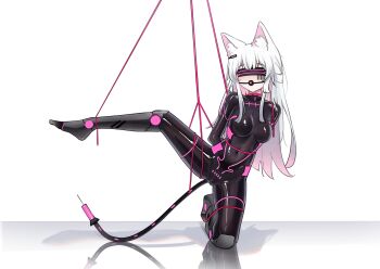 absurdres animal_ears artist_request blindfold bodysuit cat_ears cleft_of_venus full_body gag gagged highres latex latex_bodysuit red_rope rope rosmontis_(arknights) shibari shibari_over_clothes white_hair