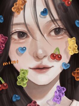 Rule 34 | 1girl, aegyo sal, artist name, black eyes, black hair, candy, close-up, commentary request, food, gummy bear, gummy candy, hair between eyes, highres, mimitanu25, original, portrait, red lips, sideways glance, smile, solo