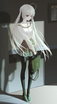 1girl absurdres black_eyes black_pantyhose briefcase expressionless full_body highres kasugano_sora loafers long_hair looking_at_viewer pantyhose school_briefcase school_uniform shadow shoes sideways_glance skirt solo sorala_(artist) twintails very_long_hair white_hair yosuga_no_sora