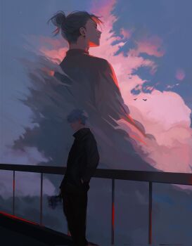 2boys against_railing black_hair black_jacket black_pants closed_eyes cloud cloudy_sky cow fireraccoon getou_suguru gojou_satoru grey_hair hair_bun hand_in_pocket highres jacket jujutsu_kaisen jujutsu_tech_uniform male_focus multiple_boys pants plug_(piercing) railing short_hair sky