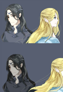 Rule 34 | 1boy, 1girl, black eyes, black hair, blonde hair, blue eyes, braid, circlet, closed mouth, cousins, crown braid, elf, eyebrows hidden by hair, eyelashes, eyes visible through hair, floating hair, idril celebrindal, jewelry, light smile, long hair, looking down, looking to the side, maeglin, panels, parted bangs, pointy ears, profile, simple background, the silmarillion, tolkien's legendarium, upper body, yamygugu
