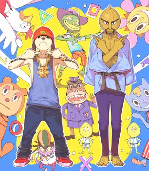 3girls 6+boys beanie chain chain cheap_cheap_(parappa) chop_chop_master_onion crossed_arms dougi gold_chain hat instructor_mooselini katy_kat multicolored_background multiple_boys multiple_girls parappa_the_rapper pj_berri popqn prince_fleaswallow square sunny_funny tank_top tattoo triangle watch
