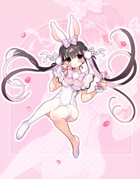 Rule 34 | 1girl, absurdres, animal ears, black hair, bow, bowtie, clothing cutout, cocktail glass, commentary request, cup, drinking glass, flats, frilled bow, frilled gloves, frills, full body, glove cutout, gloves, highres, holding, holding cup, kmnk (kumanuko), leotard, long hair, original, pink bow, pink bowtie, pink eyes, pink hair, pom pom (clothes), rabbit ears, shoes, solo, twintails, very long hair, white gloves, white leotard, white shoes