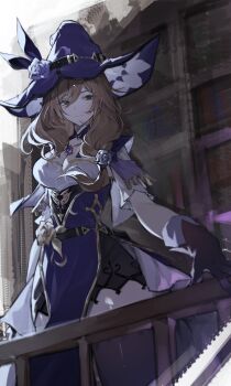 1girl absurdres black_gloves black_thighhighs book breasts brown_hair cleavage commentary corset dress flower genshin_impact gloves green_eyes hair_flower hair_ornament hat hat_flower highres large_breasts lisa_(genshin_impact) long_hair mature_female parted_lips pelvic_curtain purple_corset purple_flower purple_hat purple_rose rose smile solo sparrow4193941 thighhighs vision_(genshin_impact) witch witch_hat