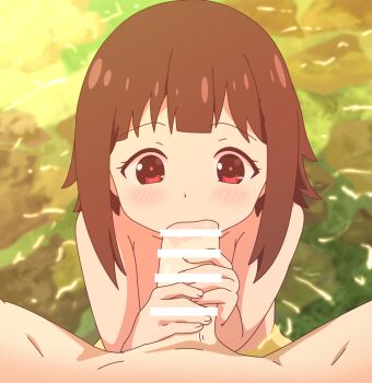 1boy 1girl bar_censor blush brown_hair censored fellatio hetero komekko kono_subarashii_sekai_ni_shukufuku_wo! loli medium_hair oral penis playing_penis_like_flute pov pov_crotch red_eyes sadieyule saliva saliva_trail solo_focus spread_legs