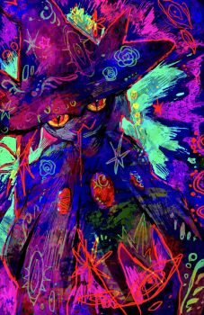 Rule 34 | abstract background, colored sclera, gen 4 pokemon, ghost, hat, highres, looking at viewer, mismagius, nintendo, no humans, otonoha aika, pokemon, pokemon (creature), pokemon focus, red eyes, witch hat, yellow eyes, yellow sclera