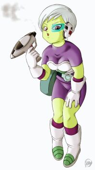 1girl blowing boots breasts cheelai colored_skin dragon_ball dragon_ball_super dragon_ball_super_broly full_body gloves green_skin gun hand_on_leg highres holding holding_gun holding_weapon impossible_clothes impossible_shirt kakeru_(dbskakeru) medium_breasts purple_eyes scouter shirt short_hair signature smoke solo weapon white_boots white_gloves white_hair