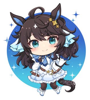 Rule 34 | 1girl, ahoge, animal ears, bare shoulders, blue eyes, blue skirt, blush, boots, brown gloves, brown hair, brown pantyhose, chibi, closed mouth, collared shirt, commentary request, daring tact (umamusume), frilled skirt, frills, full body, gloves, hair between eyes, hands up, highres, horse ears, horse girl, horse tail, jacket, long hair, long sleeves, looking at viewer, off shoulder, open clothes, open jacket, pantyhose, shirt, signature, skirt, sleeveless, sleeveless shirt, smile, solo, sparkle, tail, terimuku, umamusume, very long hair, white boots, white jacket, white shirt