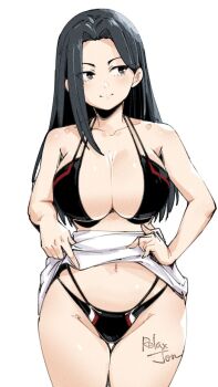 1girl bikini black_bikini black_eyes black_hair boku_no_hero_academia breasts cleavage closed_mouth clothes_lift collarbone commentary cowboy_shot highres large_breasts lifting_own_clothes long_hair navel relaxjon sideways_glance simple_background skirt skirt_lift smile solo standing stomach straight_hair swimsuit thigh_gap very_long_hair white_background yaoyorozu_momo