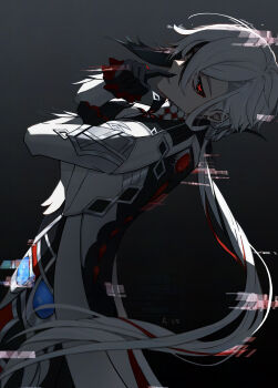 1girl absurdres arched_back arlecchino_(genshin_impact) black_eyes black_hair coat finger_to_mouth genshin_impact glitch hair_between_eyes highres long_hair long_sleeves looking_at_viewer multicolored_hair red_pupils sasaki339 simple_background solo streaked_hair symbol-shaped_pupils two-tone_hair white_hair x-shaped_pupils