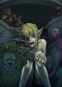 Rule 34 | 1girl, blonde hair, blue eyes, creepy, fangs, female focus, horror (theme), ifuji shinsen, long hair, looking back, monster, monster girl, nude, pixiv fantasia, pixiv fantasia 1, plant girl, pointy ears, purple hair, scar, solo, squatting, stitches, transformation, you gonna get raped