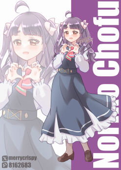 Rule 34 | 1girl, :d, ahoge, black dress, black skirt, blunt bangs, bow, brown eyes, brown shoes, chofu noriko, commentary request, dress, four-finger heart hands, full body, hair bow, heart, heart hands, highres, ikizulive! love live! bluebird, loafers, long dress, long hair, long sleeves, looking at viewer, love high school uniform, love live!, miniskirt, nagatsuki chihoru, neckerchief, open mouth, pinafore dress, pink neckerchief, pixiv id, pixiv logo, purple hair, school uniform, shirt, shoes, sidelocks, skirt, sleeveless, sleeveless dress, smile, solo, standing, twitter username, twitter x logo, two side up, white background, white shirt, zoom layer