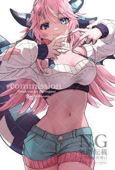 1girl absurdres blue_eyes blue_shorts breasts cleavage closed_mouth commentary commission cowboy_shot cropped_shirt double-parted_bangs english_commentary hair_between_eyes hair_ornament heterochromia highres horns large_breasts long_hair long_sleeves looking_at_viewer navel original own_hands_together pink_hair shirt short_shorts shorts simple_background skeb_commission smile solo stomach tail watermark white_background white_shirt xxcaaan