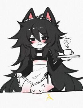 1girl :3 animal_ears apron artist_request black_eyes black_hair black_shirt blush breasts cat_ears cat_girl closed_mouth crop_top cup hair_between_eyes holding holding_tray loli long_hair long_sleeves looking_at_viewer maid maid_headdress messy_hair original pussy shirt shrug_(clothing) simple_background small_breasts smile solo steam teacup tray very_long_hair waist_apron white_background