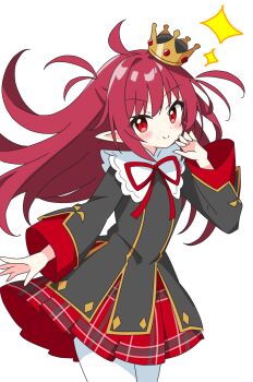 1girl black_shirt blush closed_mouth commentary_request cowboy_shot crown dot_nose hand_up highres kotatsu-mazoku long_hair long_sleeves looking_at_viewer neck_ribbon original plaid_clothes plaid_skirt pleated_skirt pointy_ears red_eyes red_hair red_ribbon red_skirt ribbon shirt simple_background skirt smile solo sparkle white_background wide_sleeves