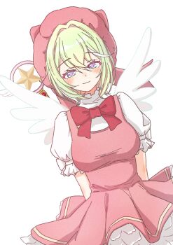 1girl absurdres blush bow bowtie breasts chaeeunhan124 closed_mouth commentary_request cowboy_shot dress dutch_angle film_grain green_hair hair_intakes hat highres korean_commentary large_breasts layered_dress looking_at_viewer medium_hair multicolored_hair pink_dress pink_hat purple_eyes red_bow red_bowtie shirt short_dress short_sleeves simple_background sleeveless sleeveless_dress solo standing stellive straight-on streaked_hair virtual_youtuber white_background white_shirt white_wings wings yuzuha_riko