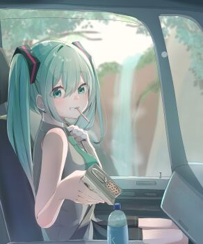 1girl aaaaaru_xx absurdres black_skirt bottle car_interior commentary_request eating food green_eyes green_hair hatsune_miku highres necktie outstretched_hand skirt sleeveless solo twintails vocaloid wafer_stick water water_bottle waterfall