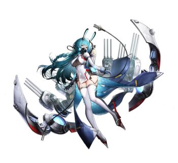 1girl animal_ears aqua_hair azur_lane blue_gloves boise_(azur_lane) braid breasts covered_mouth covered_navel garter_straps gloves hair_ornament haori_io highres large_breasts long_hair looking_at_viewer official_art oxygen_mask oxygen_tank rabbit_ears rigging see-through_clothes ship_turret skindentation standing thighhighs transparent_background white_thighhighs yellow_eyes