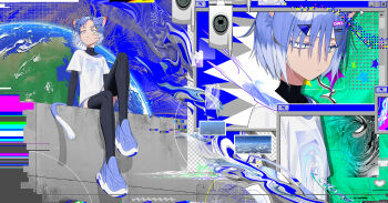 1girl absurdres animal_ears cat_girl cat_tail cellphone colored_eyelashes commentary cursor earth_(planet) english_commentary flip_phone hair_ornament hairclip highres mole mole_under_eye original phone planet shorts signal_1120 solo tail