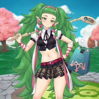 1girl absurdly_long_hair alternate_costume animate_object arm_ribbon bag belt black_ribbon black_vest blurry blurry_background braid breasts cherry_blossoms closed_mouth cloud cloudy_sky collared_shirt commentary contemporary contrapposto cowboy_shot crop_top english_commentary feet_out_of_frame fire_emblem golf_club green_eyes green_hair hairband hand_on_own_hip highres hime_cut holding holding_golf_club juliet_sleeves lawn light_blush long_hair long_sleeves looking_at_viewer midriff miniskirt narrow_waist navel nintendo outdoors pangya papel_(pangya) pleated_skirt pointy_ears puffy_sleeves red_belt redkite333 ribbon shirt short_sleeves side_braids skirt sky small_breasts smile solo sothis_(fire_emblem) stone_floor thighs tree twintails very_long_hair vest white_shirt