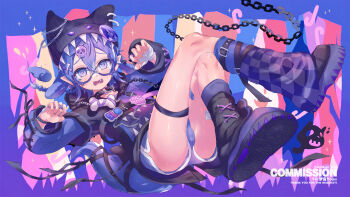 1boy @_@ animal_ear_headwear animal_ears ankle_belt bandaged_arm bandages bandaid bandaid_on_leg bandaid_on_thigh beanie black_boots black_collar black_hoodie black_leglet black_ribbon bone bone_hair_ornament boots braid bulge chain character_request collar commentary_request commission commissioner_name copyright_request cross-laced_clothes cross-laced_sleeves dog_boy dog_ears dog_tail double-parted_bangs ear_piercing fake_animal_ears fake_wings fang full_body furrowed_brow glasses gradient_background gradient_eyes hair_between_eyes hair_ornament hat heart_(organ) highres hood hood_down hoodie jewelry lace-up_boots leglet long_bangs long_hair long_sleeves looking_at_viewer low-braided_long_hair low-tied_long_hair male_focus multicolored_eyes multiple_rings o-ring_collar open_mouth original piercing pointy_ears purple-framed_eyewear purple_background purple_eyes purple_leglet purple_shorts purple_sleeves purple_tail purple_theme purple_wings ribbon ring shiikun short_hair short_shorts shorts shota skull_hair_ornament solo sparkle tail tail_ornament tail_ribbon teeth thighs tongue twitter_username virtual_youtuber white_trim wings wrist_belt x_hair_ornament