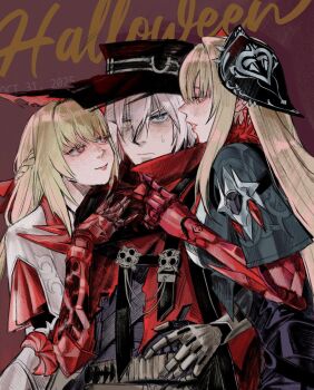 1boy 2girls ammunition_belt bandana bianca:_crepuscule_(pgr) bianca:_crepuscule_(thorns_of_crimson)_(pgr) bianca:_stigmata_(pyrewatch)_(pgr) bianca_(pgr) black_hat blonde_hair blue_eyes braid brown_background capelet chest_harness clone_harem closed_mouth commentary dated dual_persona earrings girl_sandwich half_up_braid halloween hand_up harness hat hetero heterochromia highres jewelry light_smile long_hair looking_ahead looking_at_another mechanical_arms mechanical_hands multiple_girls profile punishing:_gray_raven red_bandana red_capelet red_eyes red_lips sandwiched seductive_smile short_sleeves simple_background smile sweatdrop text_background torn_capelet torn_clothes upper_body watanabe:_epitaph_(hell_sing)_(pgr) watanabe_(pgr) white_hair xiemon yellow_eyes