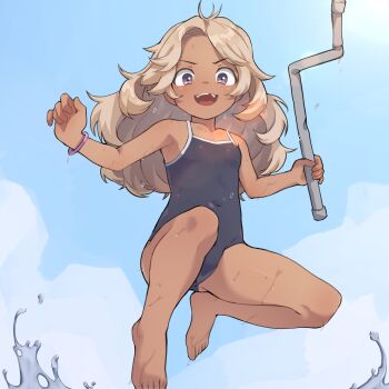 >:) 1girl bare_arms bare_legs bare_shoulders barefoot black_one-piece_swimsuit blue_background commentary dark-skinned_female dark_skin day feet full_body hazel_(infinity_train) highres holding holding_lead_pipe holding_weapon infinity_train jumping lead_pipe lens_flare light_brown_hair loli looking_at_viewer medium_hair midair missing_tooth one-piece_swimsuit onion_(tamanegi) open_mouth paid_reward_available purple_eyes solo sun sunlight swimsuit teeth toes upper_teeth_only v-shaped_eyebrows water weapon wet wristband