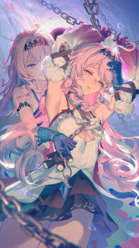 2girls absurdres adapted_costume ahoge air_bubble ancle_(aruncle) armpits arms_up artist_name bare_shoulders black_skirt bound bound_wrists breasts bubble chain clothing_cutout colored_extremities commentary_request cutout_above_navel dark_persona denia_(wuthering_waves) detached_sleeves dress dual_persona gloves hair_intakes highres long_hair looking_at_another medium_breasts multiple_girls parted_lips pink_hair purple_eyes red_gloves skirt smile tears white_dress wuthering_waves