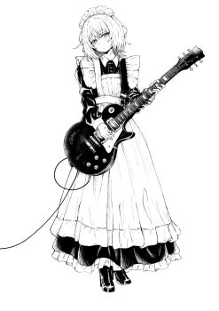 Rule 34 | 1girl, apron, cable, commentary request, dress, electric guitar, frills, full body, gibson les paul, greyscale, guitar, head tilt, highres, holding, holding guitar, holding instrument, instrument, long dress, maid, maid apron, maid headdress, medium hair, monochrome, original, simple background, sketch, solo, swtr3355, white background