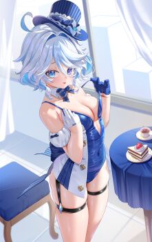1girl absurdres ahoge alternate_breast_size_(larger) blue_eyes blue_hair blue_leotard breasts cake commentary_request cover food furina_(genshin_impact) genshin_impact hat heterochromia highres indoors kururu_(qqqqq59508750) leotard looking_at_viewer medium_breasts paid_reward_available short_hair skindentation solo strawberry_shortcake table teacher thigh_strap tile_floor tiles tongue tongue_out top_hat