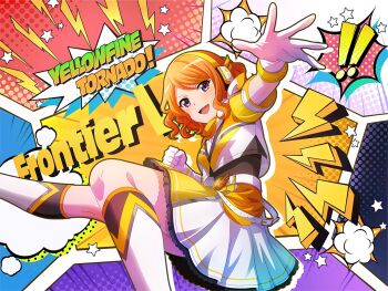 ! !! 1girl clenched_hand cropped_jacket ebisu_tsukasa english_text game_cg gloves headphones jacket kneehighs lightning_bolt_symbol looking_at_viewer official_art open_mouth orange_hair purple_eyes short_hair shoujo_kageki_revue_starlight shoujo_kageki_revue_starlight_-re_live- skirt socks solo star_(symbol) tokusatsu two-tone_skirt western_comics_(style) white_gloves white_skirt white_socks yellow_jacket yellow_skirt