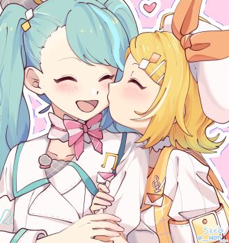 2girls aqua_hair artist_name blonde_hair blush bow closed_eyes collarbone cropped_jacket diamond_hair_ornament hat hatsune_miku heart highres jacket kagamine_rin kiss kissing_cheek long_hair long_sleeves m0ti magical_mirai_(vocaloid) magical_mirai_miku magical_mirai_miku_(2024) magical_mirai_rin magical_mirai_rin_(2024) medium_hair multiple_girls musical_note official_alternate_costume official_alternate_hairstyle open_mouth pink_bow smile twintails upper_body very_long_hair vocaloid white_hat white_jacket yuri
