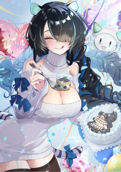 Rule 34 | 1girl, animal ears, balloon, black hair, blue bow, blue hair, blue nails, bow, breasts, cake, cleavage, cleavage cutout, closed eyes, closed mouth, clothing cutout, commentary, corrupted twitter file, dress, english commentary, erina makina, food, fork, hair over one eye, heart balloon, highres, holding, holding fork, long braid, long hair, mishima nina, phase connect, second-party source, solo, sweater, sweater dress, tail, tail bow, tail ornament, thighhighs, tiger ears, tiger girl, tiger tail, tongue, virtual youtuber, white dress