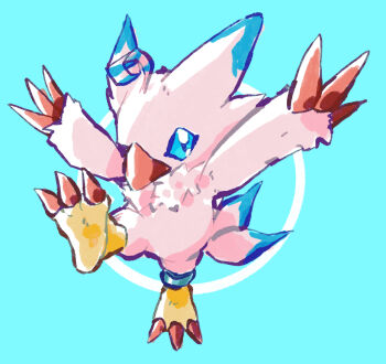 Rule 34 | blue background, blue eyes, claws, digimon, digimon (creature), feathers, highres, no humans, peegeray, piyomon, solo, wings