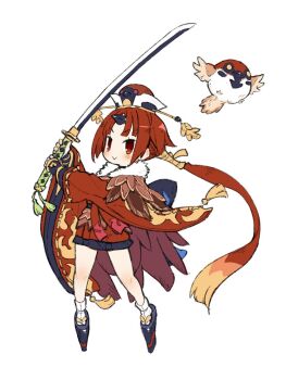 1girl :> beni-enma beni-enma_(second_ascension) bird bird_hat blush fate/grand_order fate_(series) feathers full_body harada_takehito hat highres holding holding_sword holding_weapon japanese_clothes katana kimono long_hair long_sleeves low_ponytail platform_clogs platform_shoes ponytail red_eyes red_hair shoes short_kimono simple_background solo sparrow sword tassel two-handed v-shaped_eyebrows weapon white_background