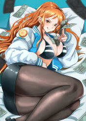 Rule 34 | 1girl, absurdres, alternate costume, bed sheet, bikini, bikini top only, black bikini, black pantyhose, black skirt, blue nails, blush, breasts, cleavage, commentary request, commission, falling money, feet out of frame, food, fruit, highres, holding, holding money, jacket, large breasts, long hair, long sleeves, looking at viewer, lying, mandarin orange, mandarin orange slice, miniskirt, money, nail polish, nami (one piece), on side, one piece, open clothes, open jacket, orange eyes, orange hair, pantyhose, pencil skirt, pillow, skeb commission, skirt, solo, swimsuit, thighs, tongue, tongue out, wavy hair, yamada otonari